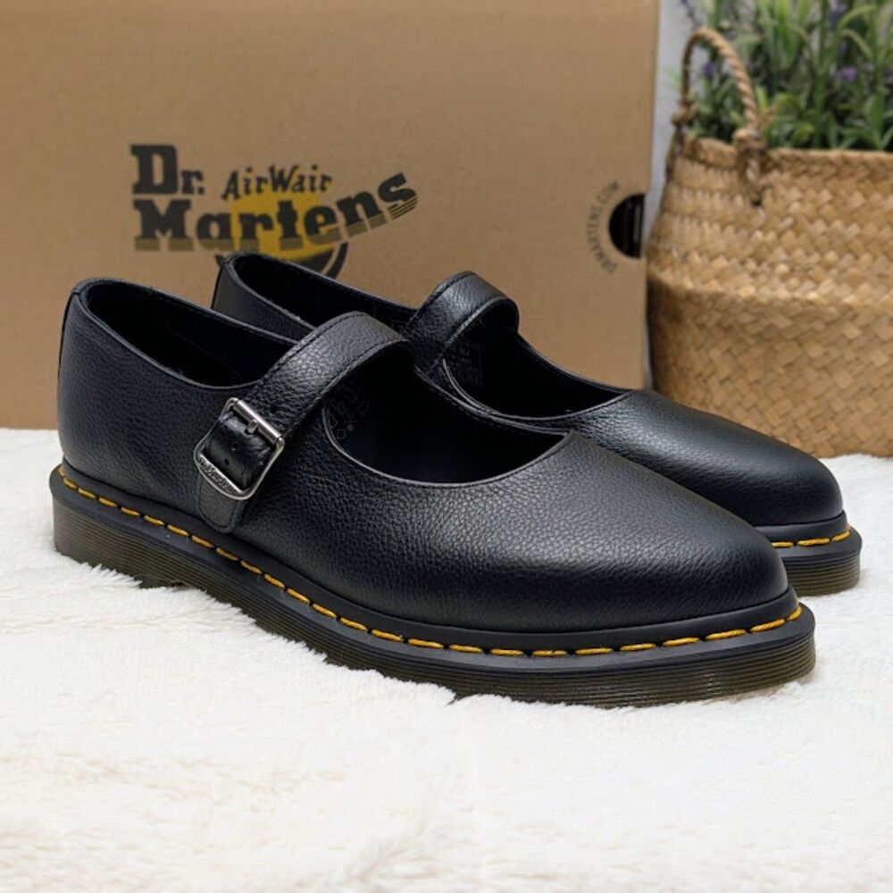 Dr. Martens Elphie MJ Black Virginia Leather Mary Jane Shoes UK 7 Women's 9 NIB - Picture 3 of 12